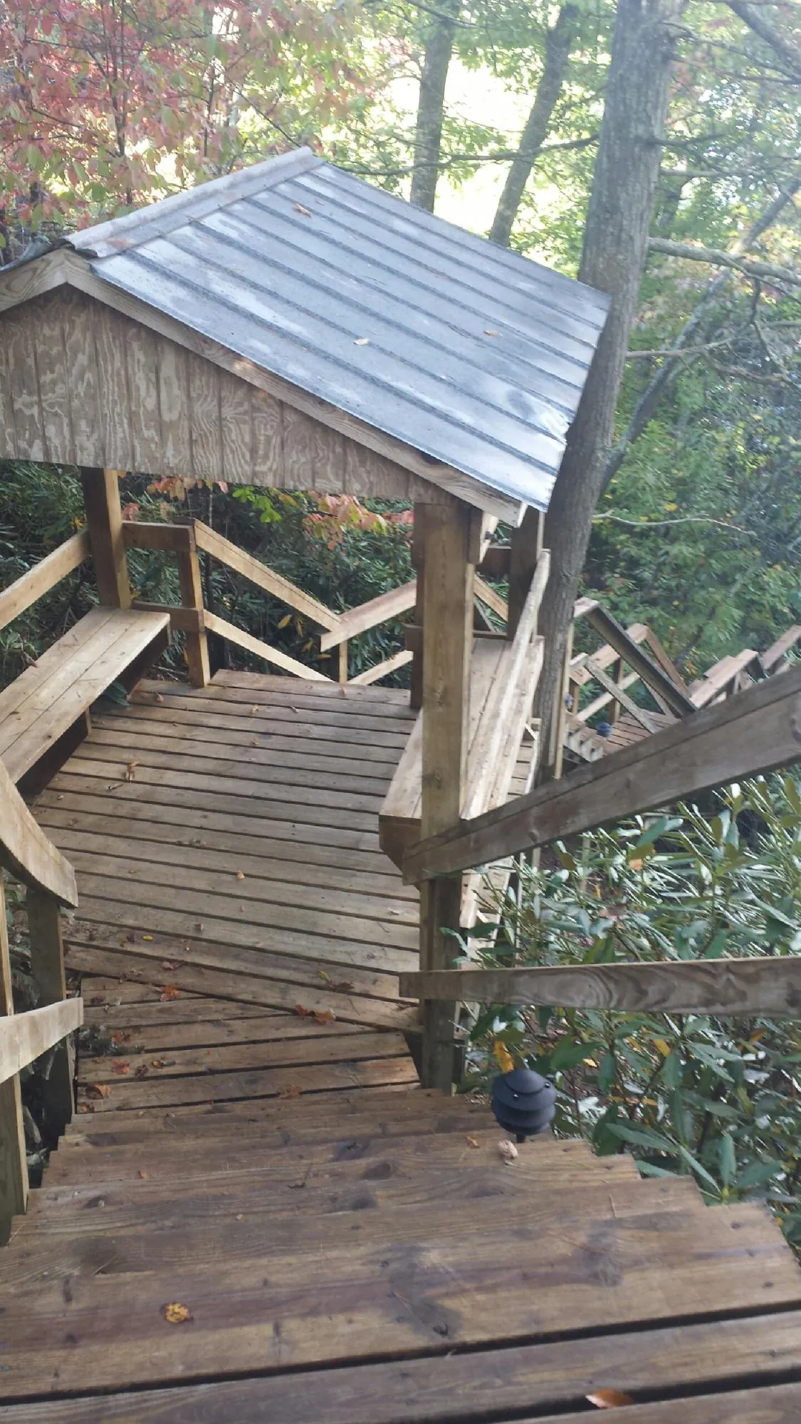 Metal roofed shelter over wooden steps on a wooded walkway — Skylight Repair & Installation work by our crew in Alberta